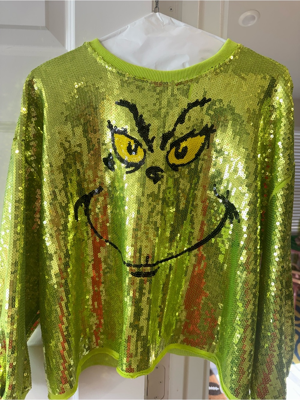 QUEEN OF SPARKLES Lime Green Sequin Grinch Face Crop Top